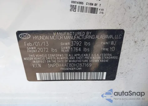 2013 Hyundai Elantra Gls z USA, uszkodzony, nr VIN 5NPDH4AE8DH287169